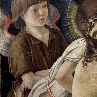 Giovanni Bellini, Pietà: Cristo morto con quattro angeli,1475 c., tempera e olio su tavola, provenienza: Tempio Malatestiano, Rimini, Museo della Città, inv. 18 PQ 